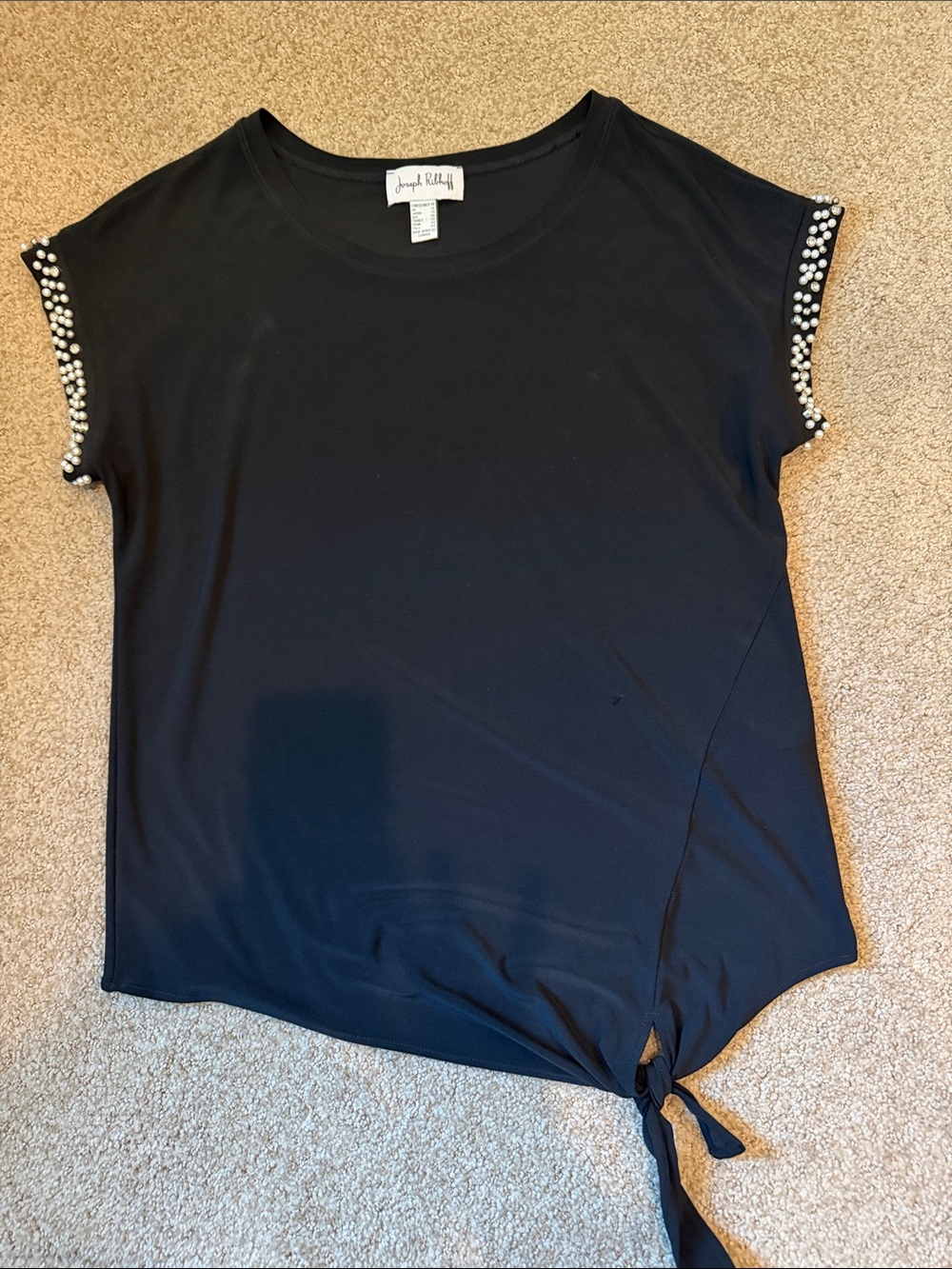 Joseph Ribkoff Black Short-Sleeve Top with Pearl-Trim and Front Tie